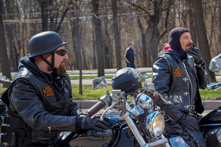 Moscow, Russia - April 23, 2016: Motorcyclists open the spring season. The group of motorcyclists on the road. Russian riders.のeditorial素材