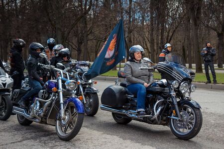 Moscow, Russia - April 23, 2016: Motorcyclists open the spring season. The group of motorcyclists on the road. Russian riders.のeditorial素材