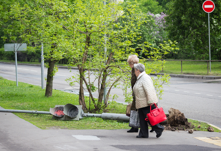 Moscow, Russian Federation - May 30, 2017: The traffic light fell after a hurricane in Moscow on May 29, 2017. The consequences of the hurricane.のeditorial素材