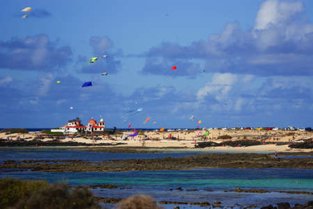 Kites on a golden sandy beach on a sunny day.