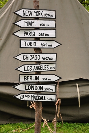 Tourist pointer made up of arrows on the treeの写真素材