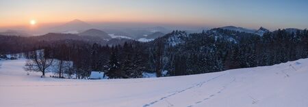 Winter panorama in the Czech Switzerland with snow and frostの写真素材