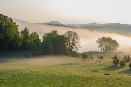 Autumn landscape with hills and forests in sunny morning mistの写真素材