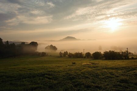 Beautiful foggy autumn landscape of czech switzerlandの写真素材