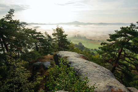 Beautiful foggy autumn landscape of Czech Switzerlandの写真素材