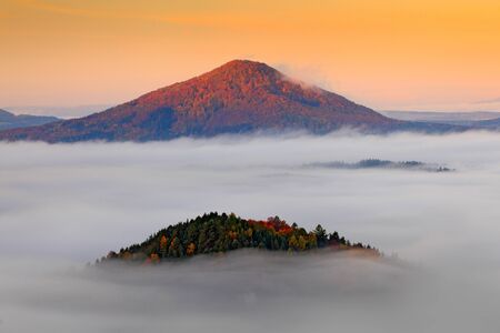 Hills with autumn trees in the fog clouds, white waves. Foggy morning in a fall valley of Bohemian Switzerland park, landscape of Czech Republic, National Park Ceske Svycarsko. Landscape in Europe. の写真素材