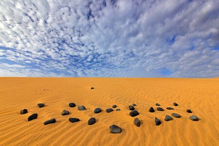 Yellow sand. Summer dry landscape in Africa. Black pebble stone.の写真素材