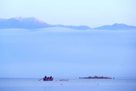 Bird with morning sunrise. Birdwatchres and nature lovers with Dalmatian pelican, in Lake Kerkini,...