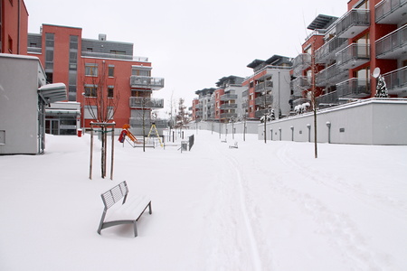 Red flat-houses in the winter conditionsの写真素材