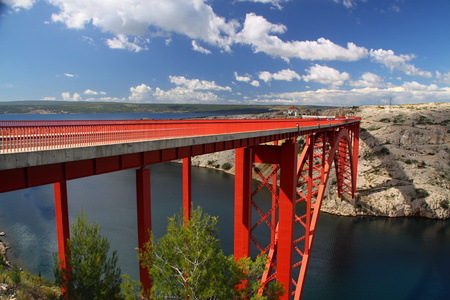high red bridge over the croatian canyonの写真素材