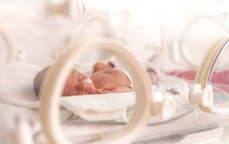 Premature newborn  baby girl in the hospital incubator after c-section in 33 weekの写真素材