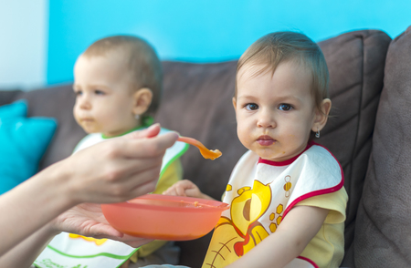 parenthood concept - mother with puree and spoon feeding little baby twins at homeの写真素材