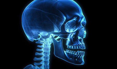 X-ray of human skull of a male, blue tone radiograph on a black backgroundの素材