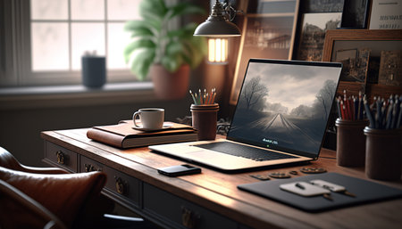 Efficient Office Scene: Laptop on Wooden Desk with Closed Book and Warm Lightの素材