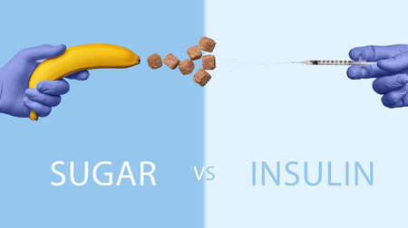 Syringe that shoots insulin against a banana that shoots with sugar