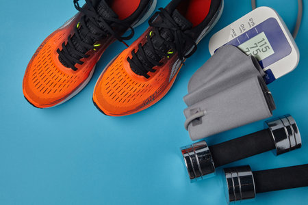 Sneakers, dumbbells and blood pressure monitor on a blue background