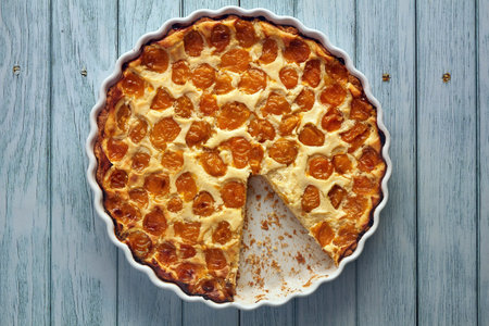 Open pie with cherry plum in a cream filling on a blue wooden tableの写真素材