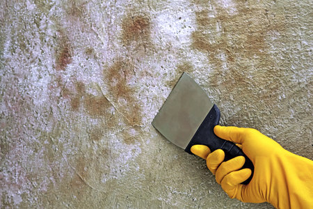 A repairman with a spatula cleans the wall of old paint from fungus and moldの写真素材