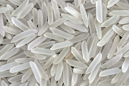Background from scattered polished parboiled basmati rice. Ingredients for mediterranean and asian...