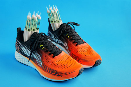 Orange sneakers with insulin syringe pens isolated on a blue background on a blue background.
