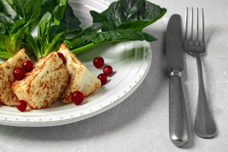 Fried mozzarella cottage cheese with lingonberries and spinach leaves on a white plate with cutlery on a light stone tableの写真素材