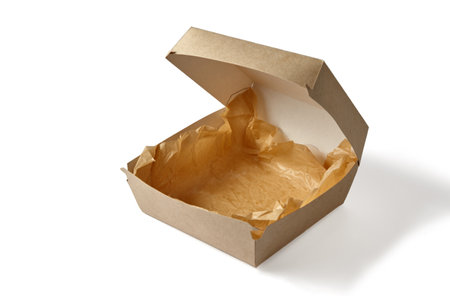 cardboard box with craft paper for burgers isolated on white background.