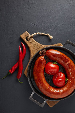 fried pork sausage and tomatoes in a cast iron skillet on a black stone tableの写真素材