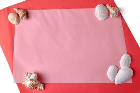 A spa backdrop mockup made of seashells and red paper.の写真素材