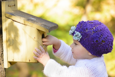Child looking curious at one birds house in a forest in autumn timeの写真素材