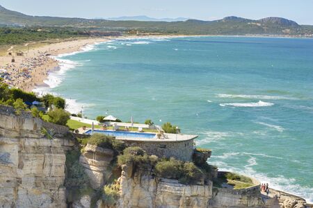 Aerial view of Sa Tuna beach resort Costa Brava Spainの写真素材