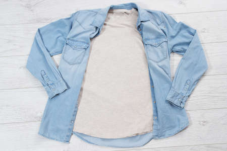 t shirt mock up Jeans denim shirt casual clothing top view, t-shirt and blue shirt top view