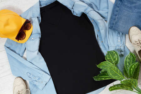 Clothes background, t shirt mock up, female tshirt top viewの写真素材