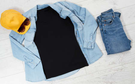 Clothes background top view, empty shirt fir your logo copy space mock up, t-shirt mockup isolated...