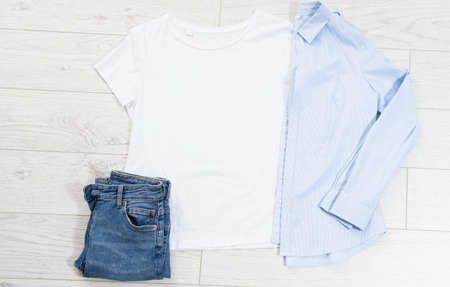 T-shirt close up, t shirt top view, empty shirt for logo, clothes background tshirt mock up.の写真素材