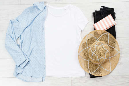 T shirt top view, empty blank t-shirt copy space, tshirt mock up, summer concept. Summer clothes...