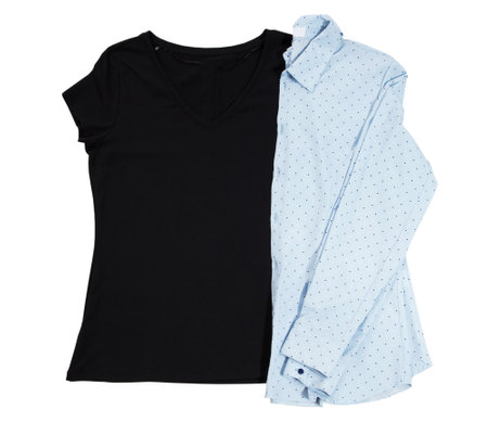 Empty t-shirt top view, black t-shirt mock up isolated on white background, shirt copy space, design elementの写真素材