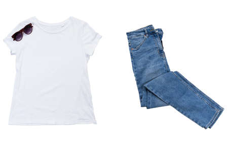 White t shirt isolated and denim pants top view isolated on white background