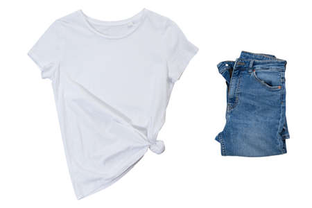 Empty white tshirt and blue denim on white background, black t-shirt mock up and blue jeans, blank t...
