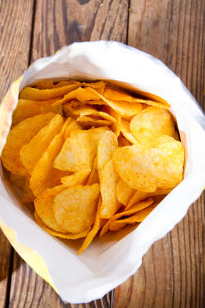 packet of chips. Food background. potato chips.Top view. Mock up. Copy space.Template. Blank.の写真素材
