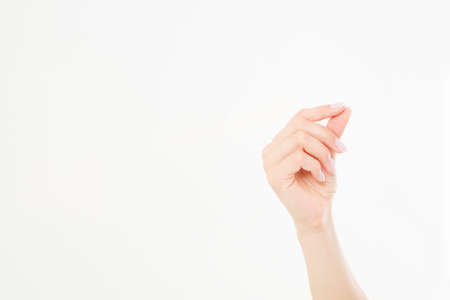 female hand hold something, isolated on white, woman's palm making gesture while showing small amount of something on white isolated background, side view, close-up, cutout, copy spaceの写真素材
