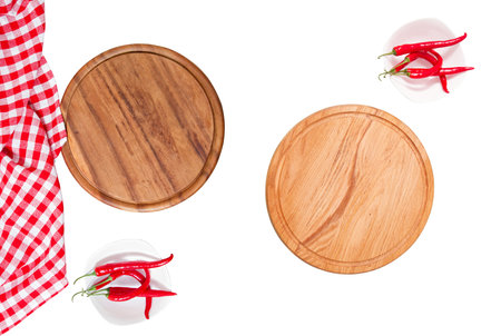 Two wooden board mock up top view isolated on white background copy space.の写真素材