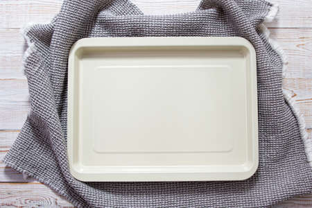 Empty food board close up, empty tray on table top viewの写真素材