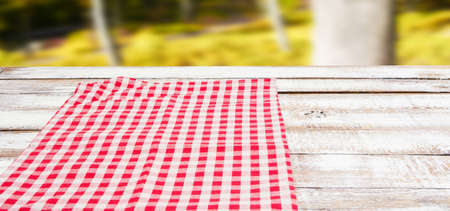 checkered red tablecloth on an empty table - top view
