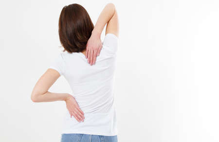 Woman back pain - female rheumatism and its treatment All on white background.
