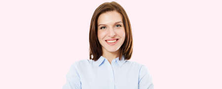 happy sexy brunette portrait on pink background, cute woman,smile face