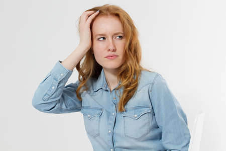 Woman with head ache migraine isolated on white, female migraine problem concept, hard day