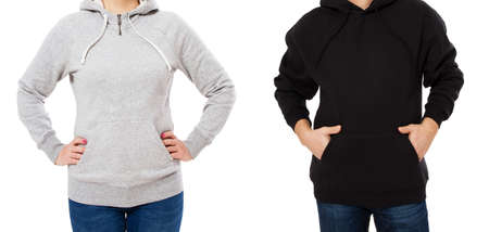 Woman and man in hoodie mock up isolated on white background copy space template. Empty sweatshirt...