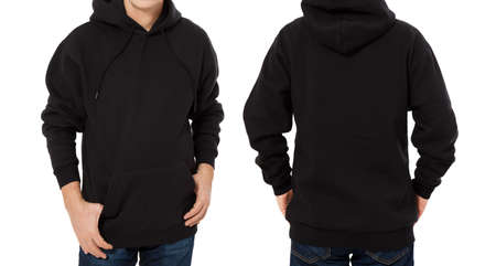 Man hoody set, black hoody front and back view, hood mock up. Empty male hoody copy space. front and...