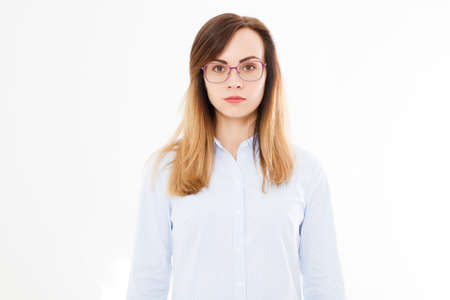 portrait of modern business woman with glasses isolated on white background.Girl in shirt. Copy space,blankの写真素材