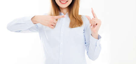 young woman in shirt holding business card isolated on a white background, female hand holding card....